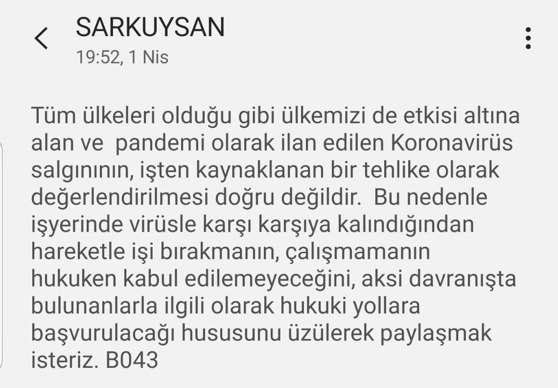 Önlem almayan Sarkuysan yönetimi üretimi durduran işçileri tehdit etti